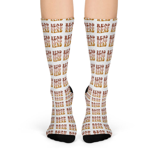 White "Read Read Read" Pattern Crew Socks
