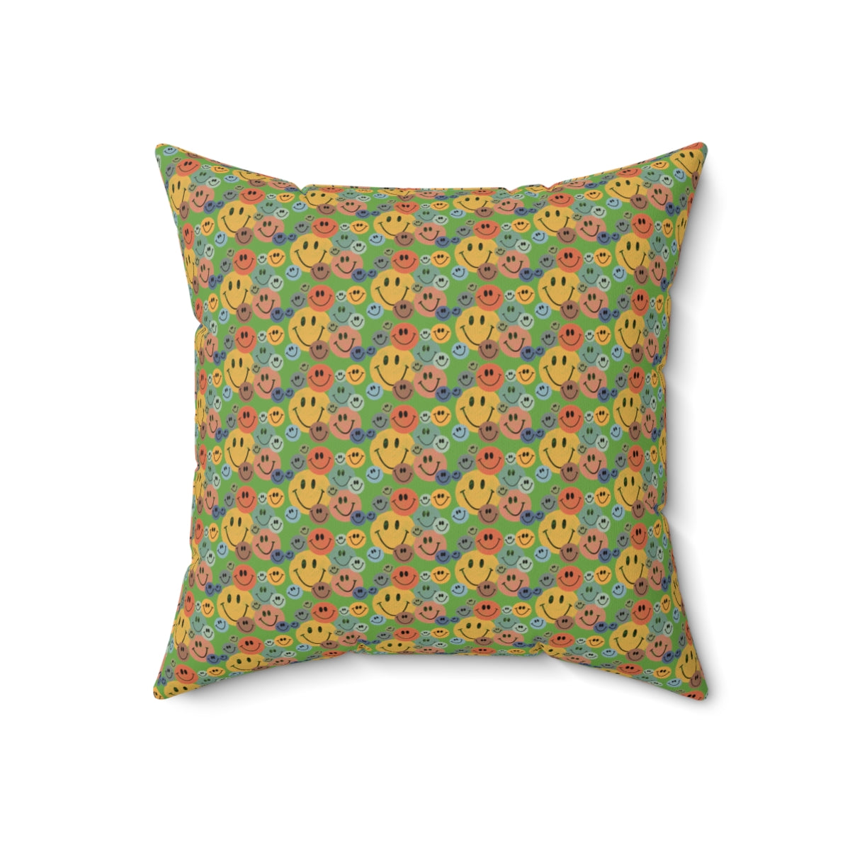 Green Boho Retro Rustic Colored Smiley Face Pattern Spun Polyester Square Pillow