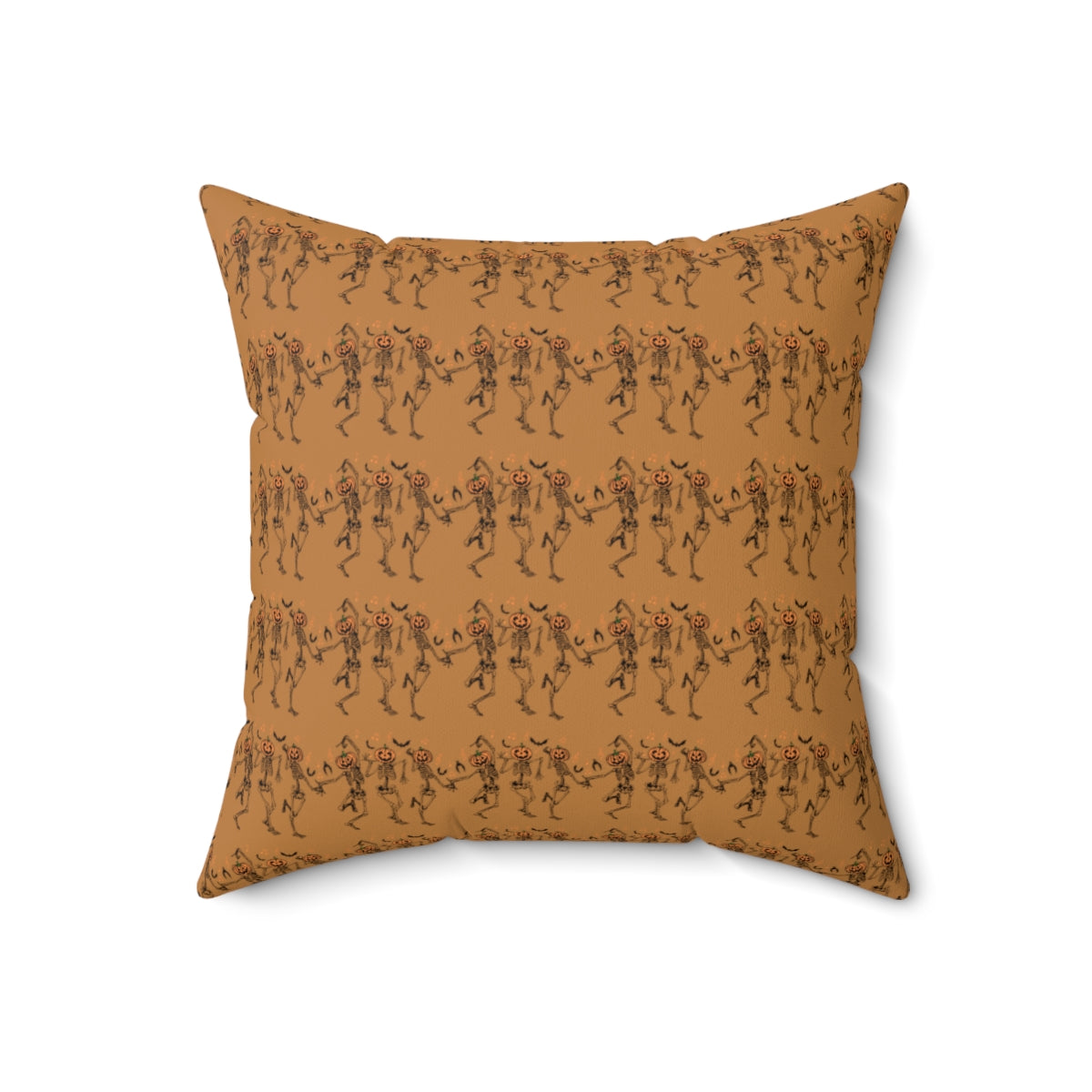 Light Brown Dancing Pumpkin Head Skeletons Pattern Fall Halloween Spun Polyester Square Pillow