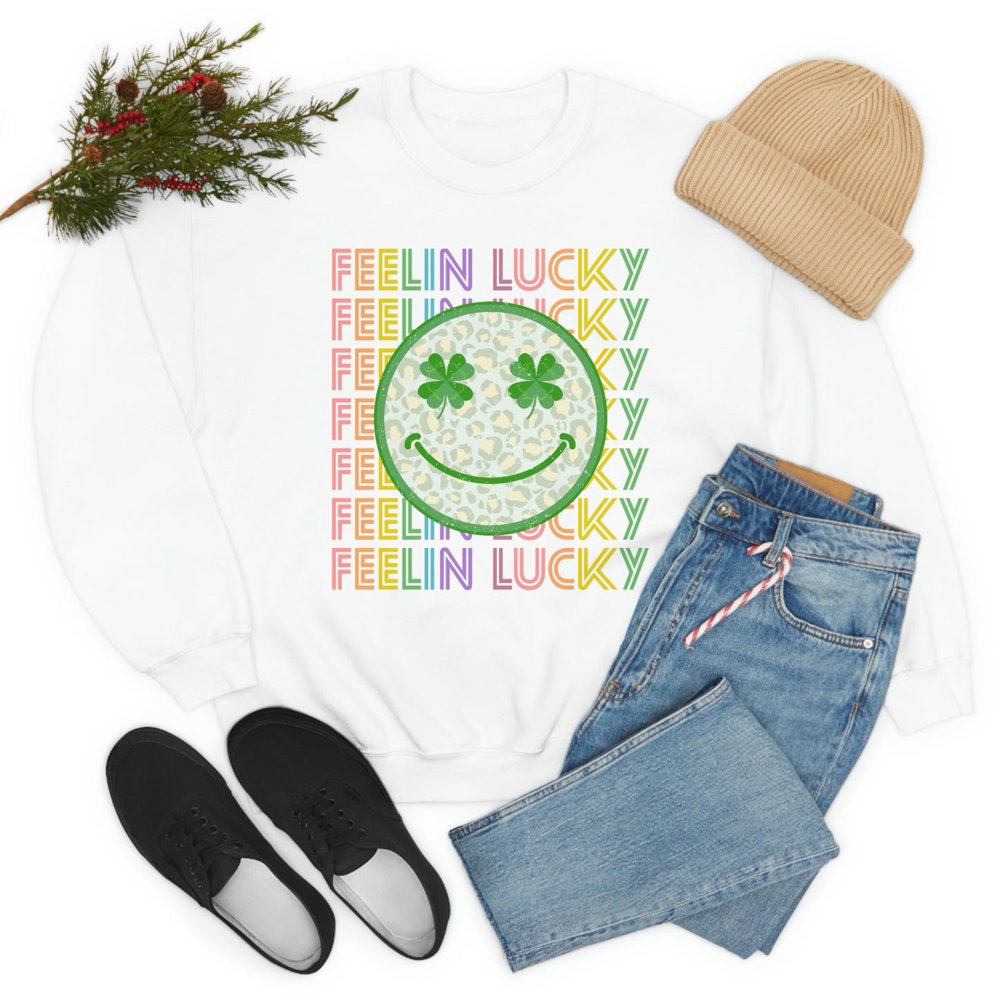 St. Patrick's Day "Feelin Lucky Smiley Face" Unisex Heavy Blend Crewneck Sweatshirt