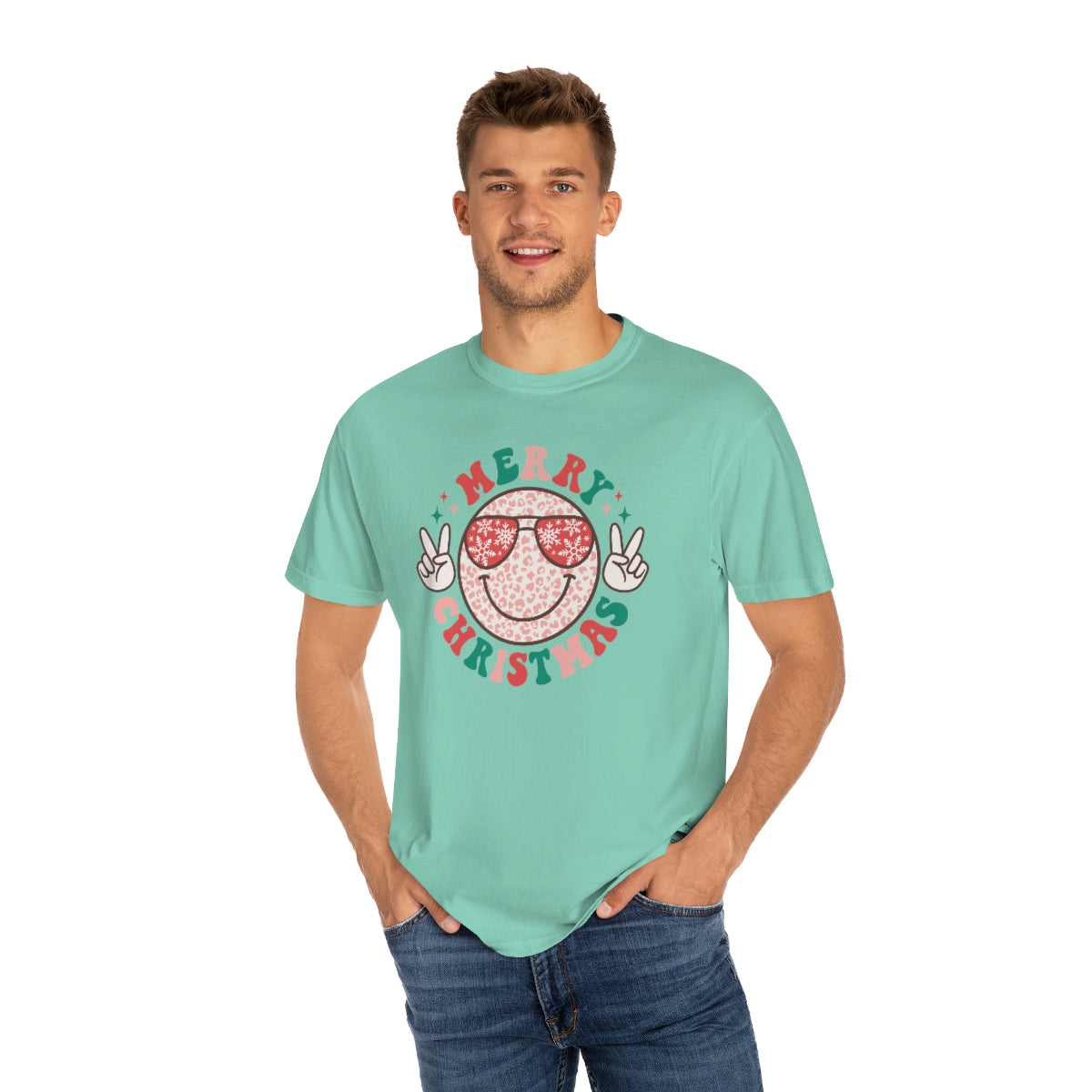 Merry Christmas Smiley Face Peace Sign Multi-Color Unisex Garment-Dyed Comfort Colors PREMIUM T-shirt