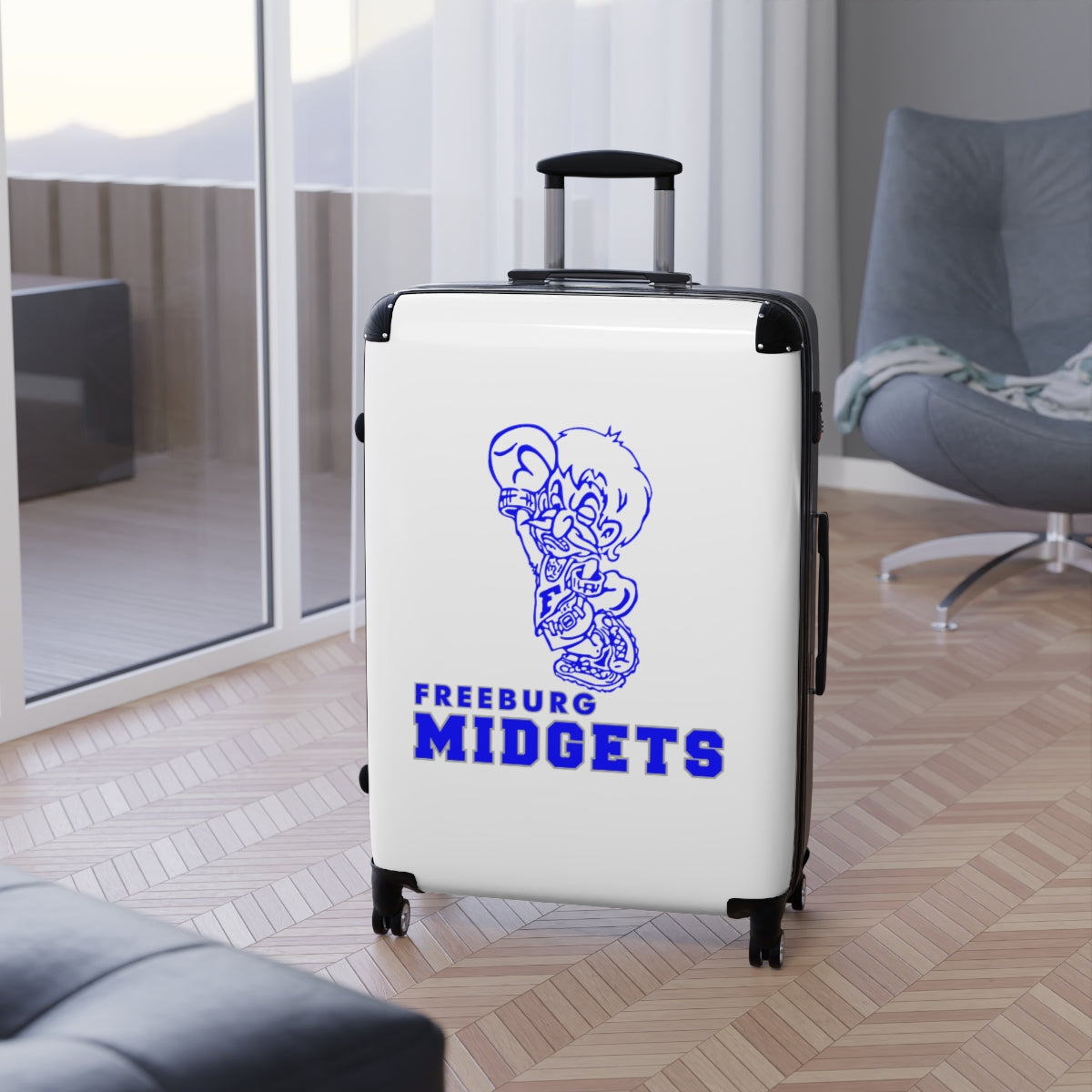 White Freeburg Midgets Suitcases - White Front/ Black Back