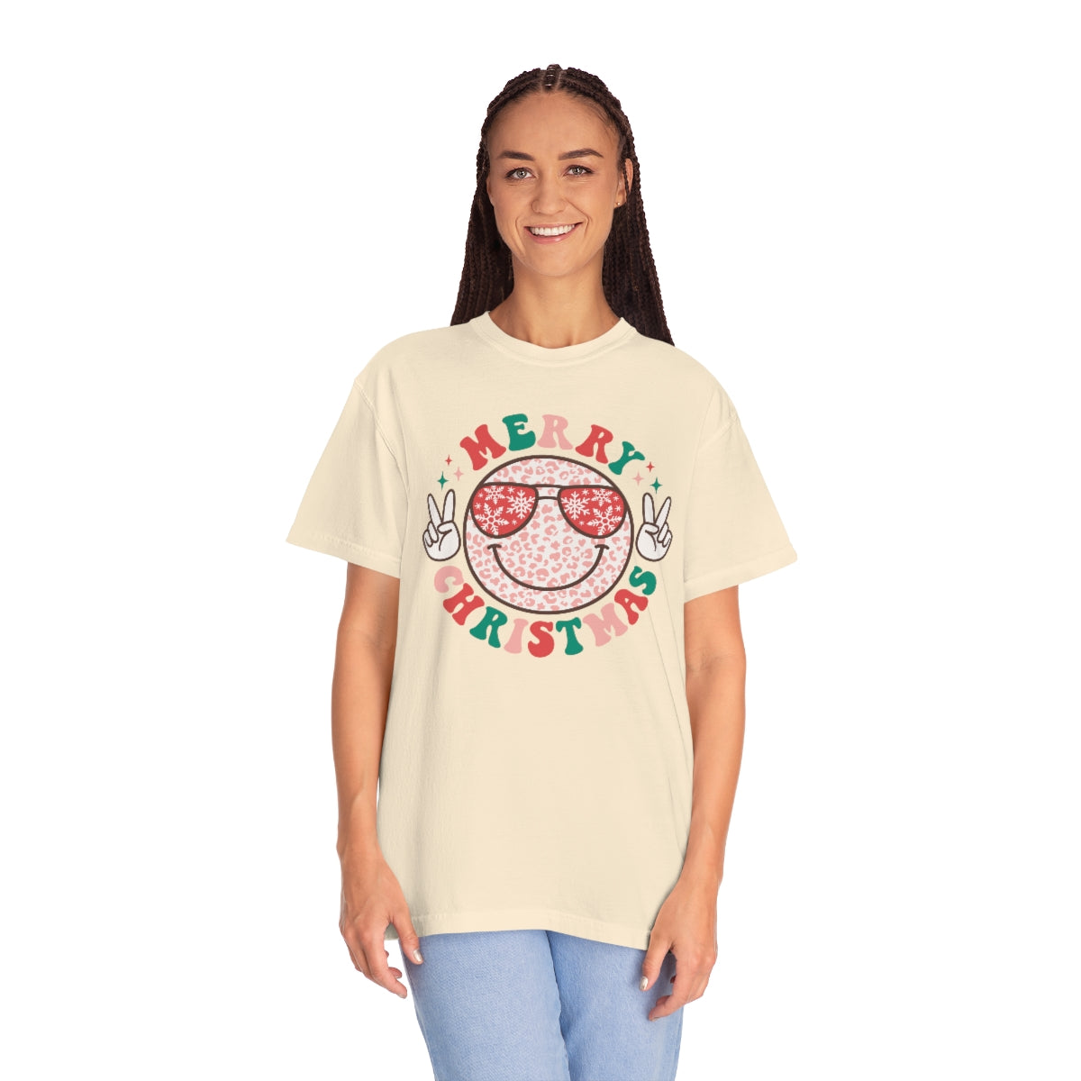 Merry Christmas Smiley Face Peace Sign Multi-Color Unisex Garment-Dyed Comfort Colors PREMIUM T-shirt