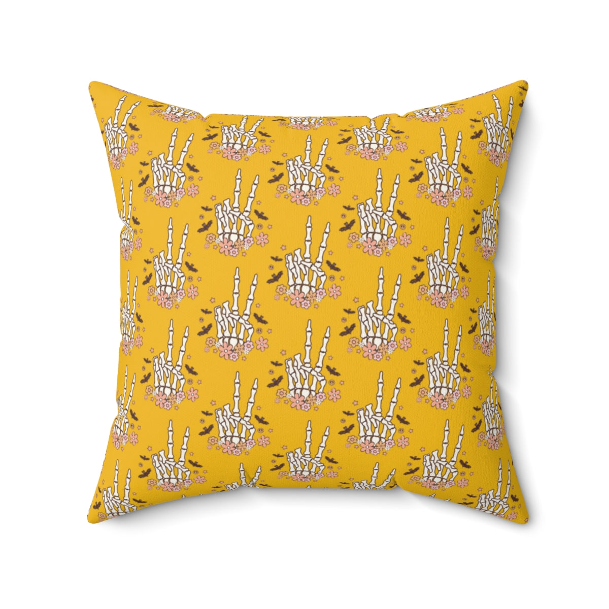 Yellow Boho Skeleton Hand Peace Sign Pattern Fall Halloween Spun Polyester Square Pillow