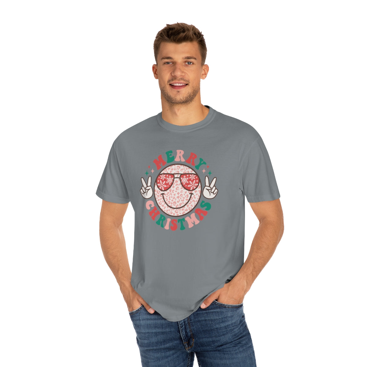 Merry Christmas Smiley Face Peace Sign Multi-Color Unisex Garment-Dyed Comfort Colors PREMIUM T-shirt