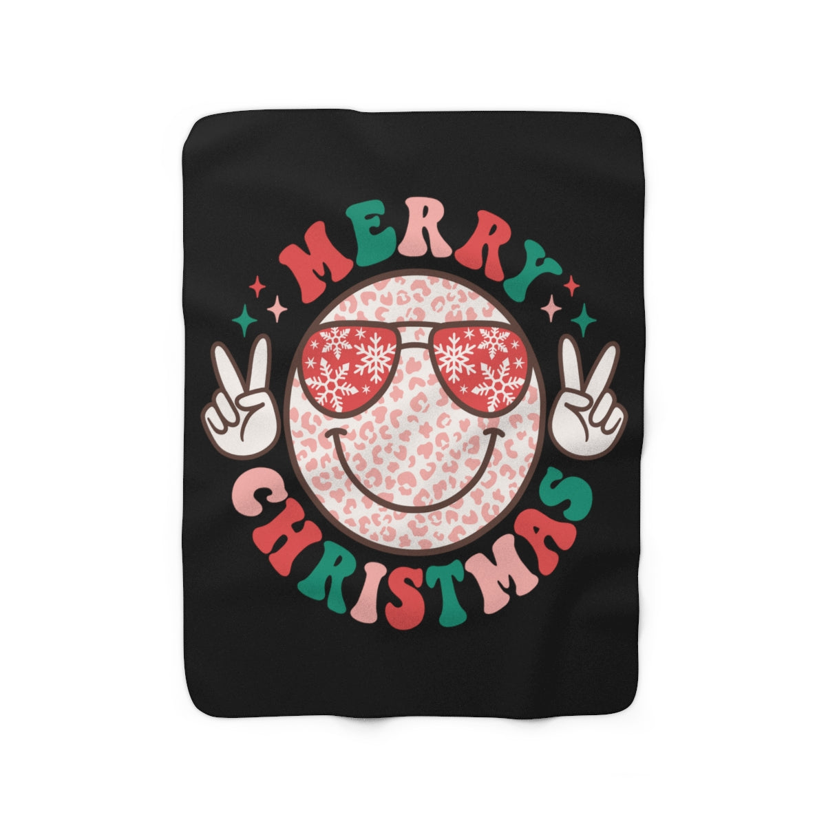 Merry Christmas Colorful Smiley Face with Peace Sign Sherpa Fleece Blanket