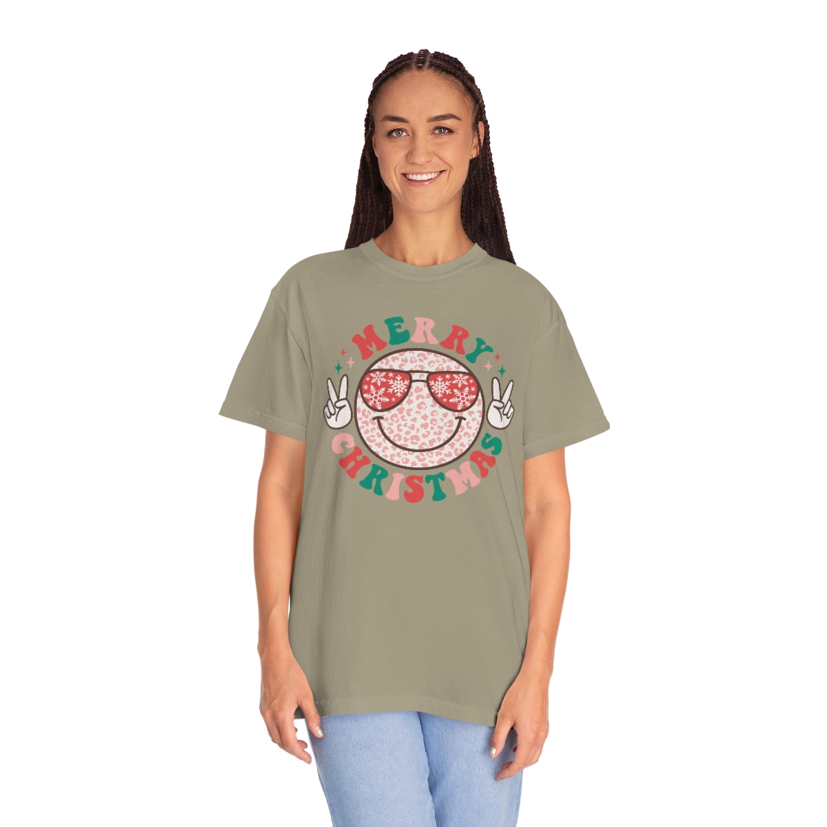 Merry Christmas Smiley Face Peace Sign Multi-Color Unisex Garment-Dyed Comfort Colors PREMIUM T-shirt