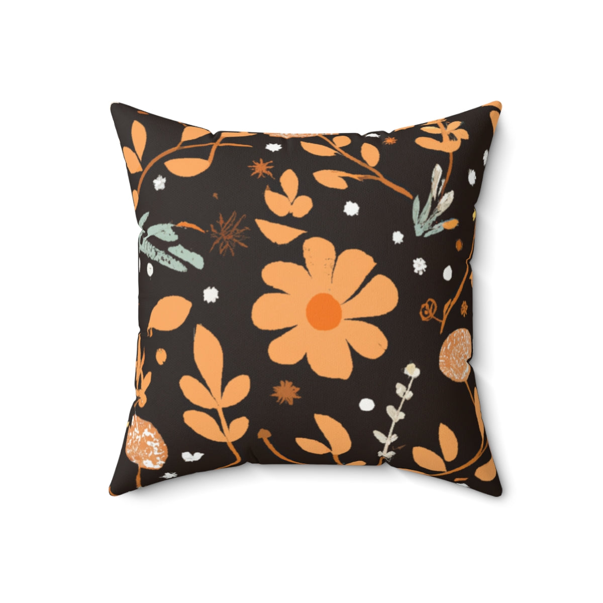 Boho Orange Flowers Spun Polyester Square Pillow