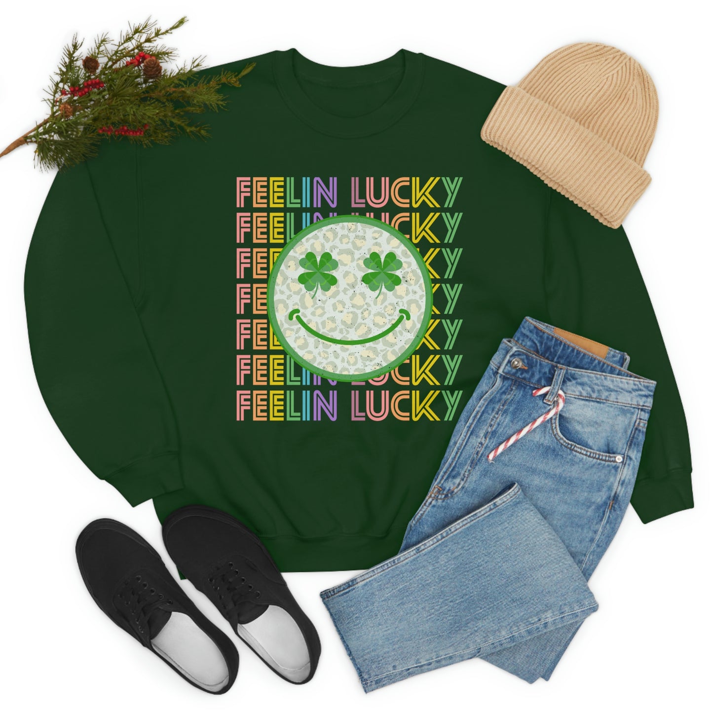 St. Patrick's Day "Feelin Lucky Smiley Face" Unisex Heavy Blend Crewneck Sweatshirt