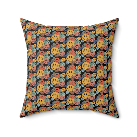 Black Boho Retro Rustic Colored Smiley Face Pattern Spun Polyester Square Pillow