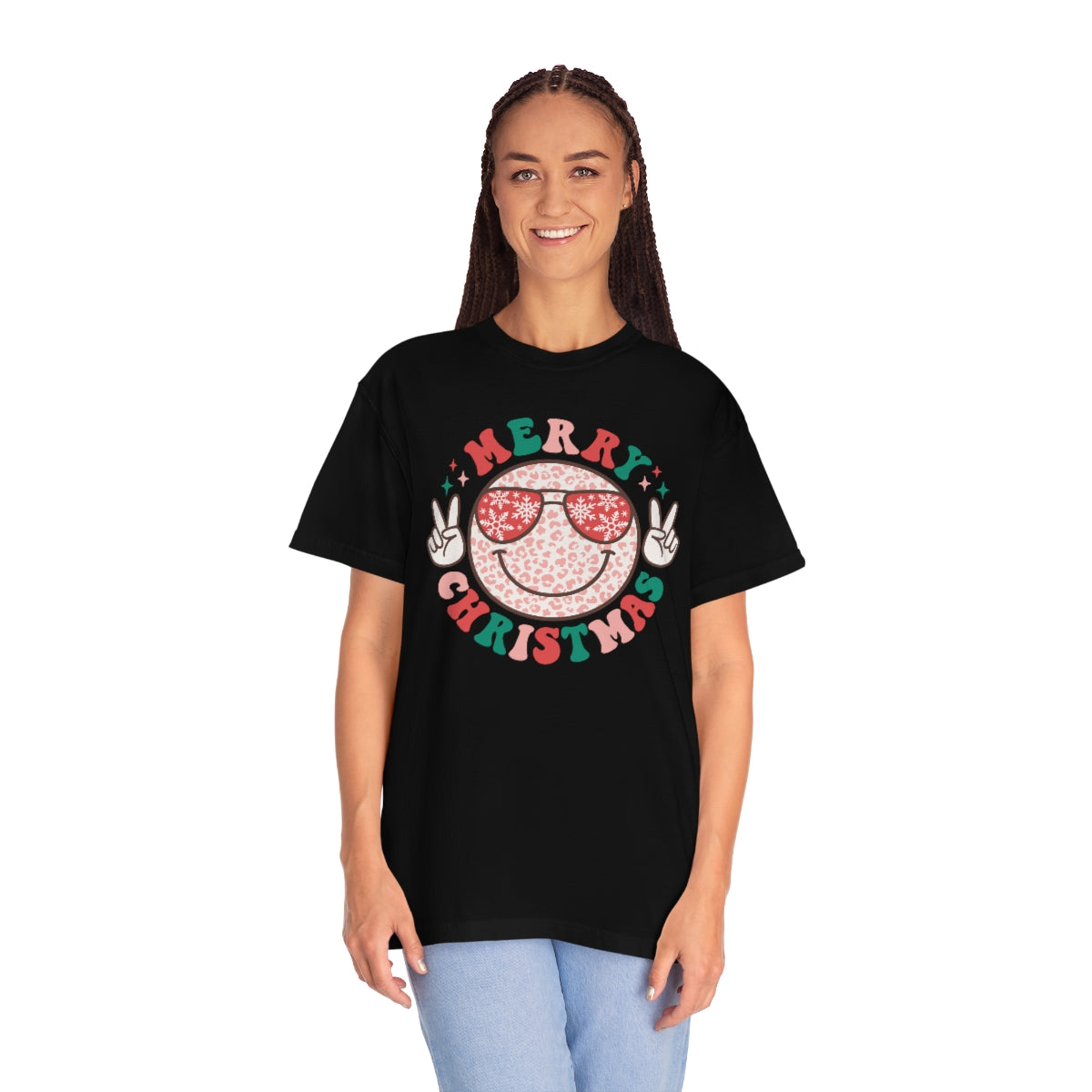 Merry Christmas Smiley Face Peace Sign Multi-Color Unisex Garment-Dyed Comfort Colors PREMIUM T-shirt