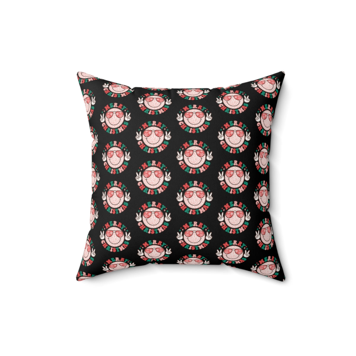 Retro "Merry Christmas" Smiley Face Emoji with Peace Sign Pattern Fall Halloween Spun Polyester Square Pillow