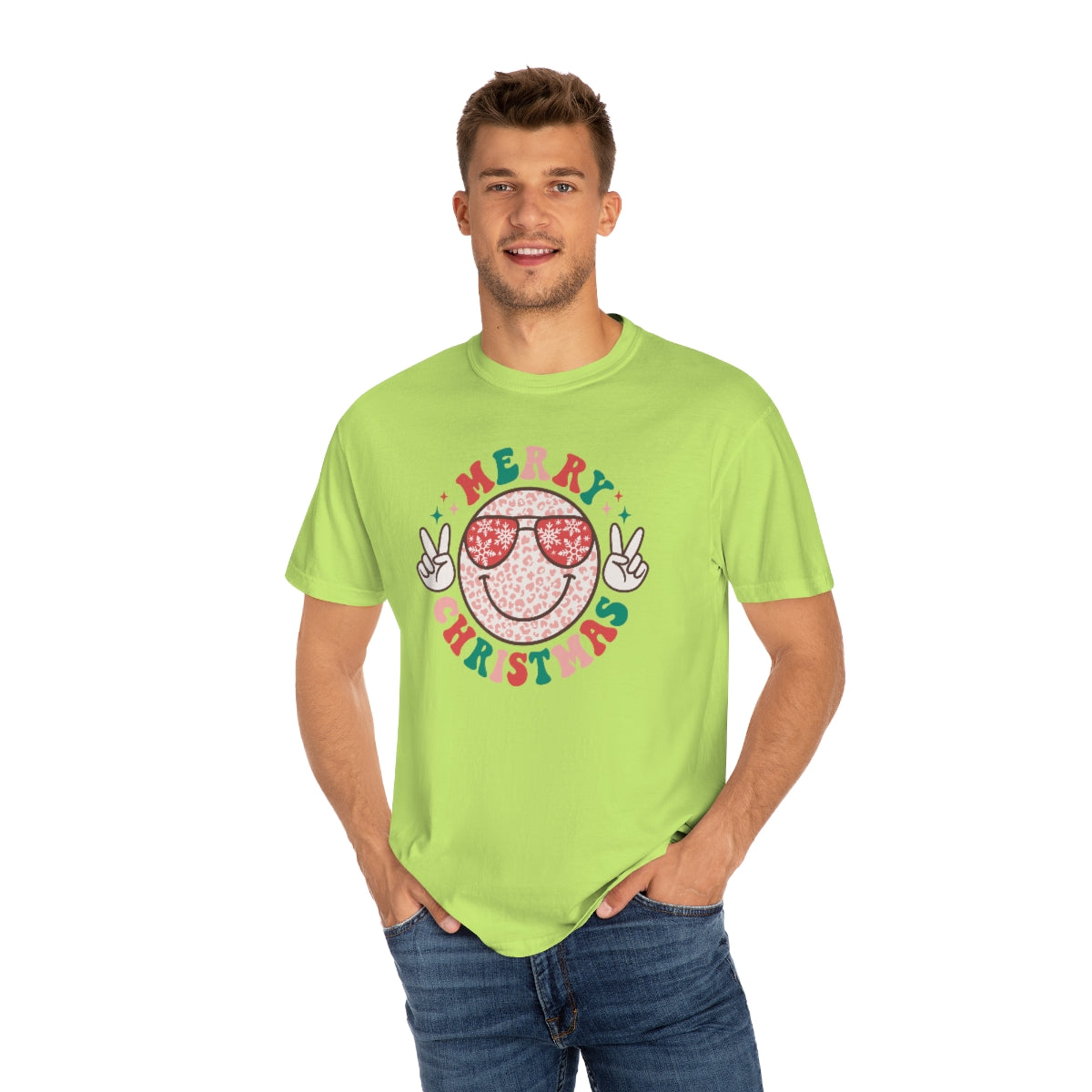 Merry Christmas Smiley Face Peace Sign Multi-Color Unisex Garment-Dyed Comfort Colors PREMIUM T-shirt