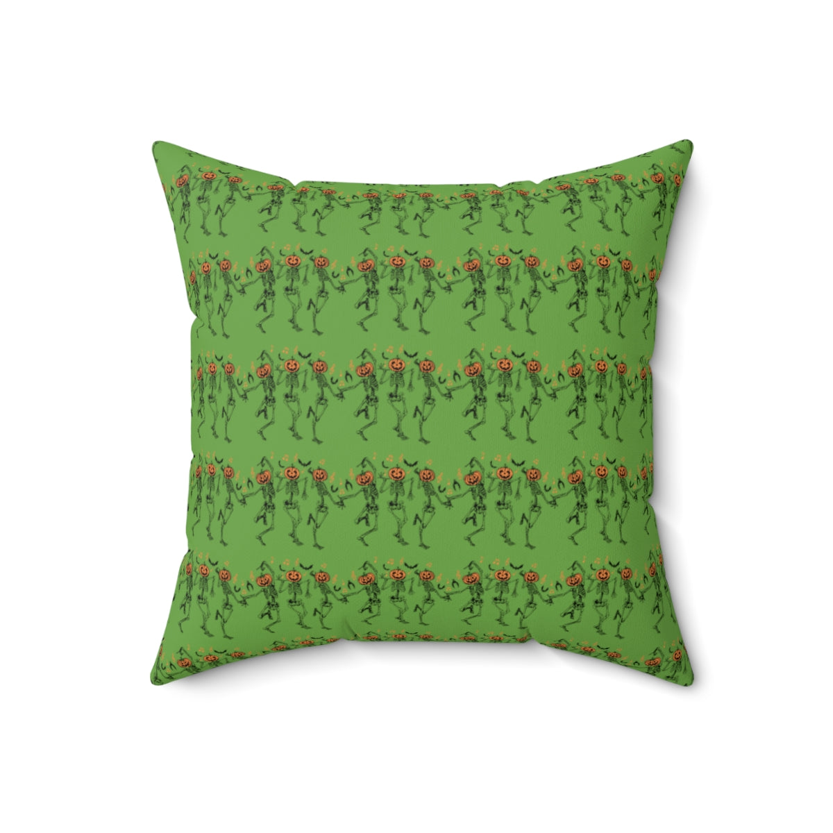 Green Dancing Pumpkin Head Skeletons Pattern Fall Halloween Spun Polyester Square Pillow