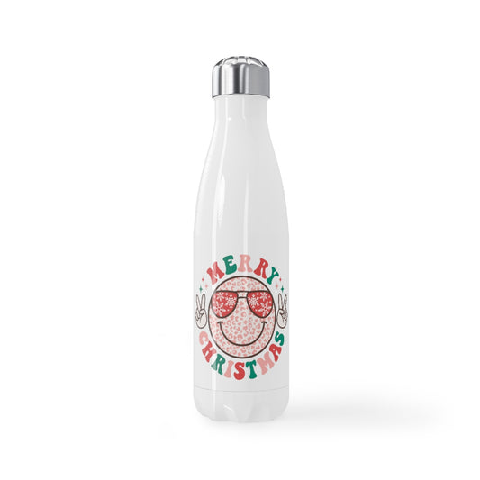 Merry Christmas Colorful Smiley Face with Peace Sign Stainless Steel Water Bottle, 17oz