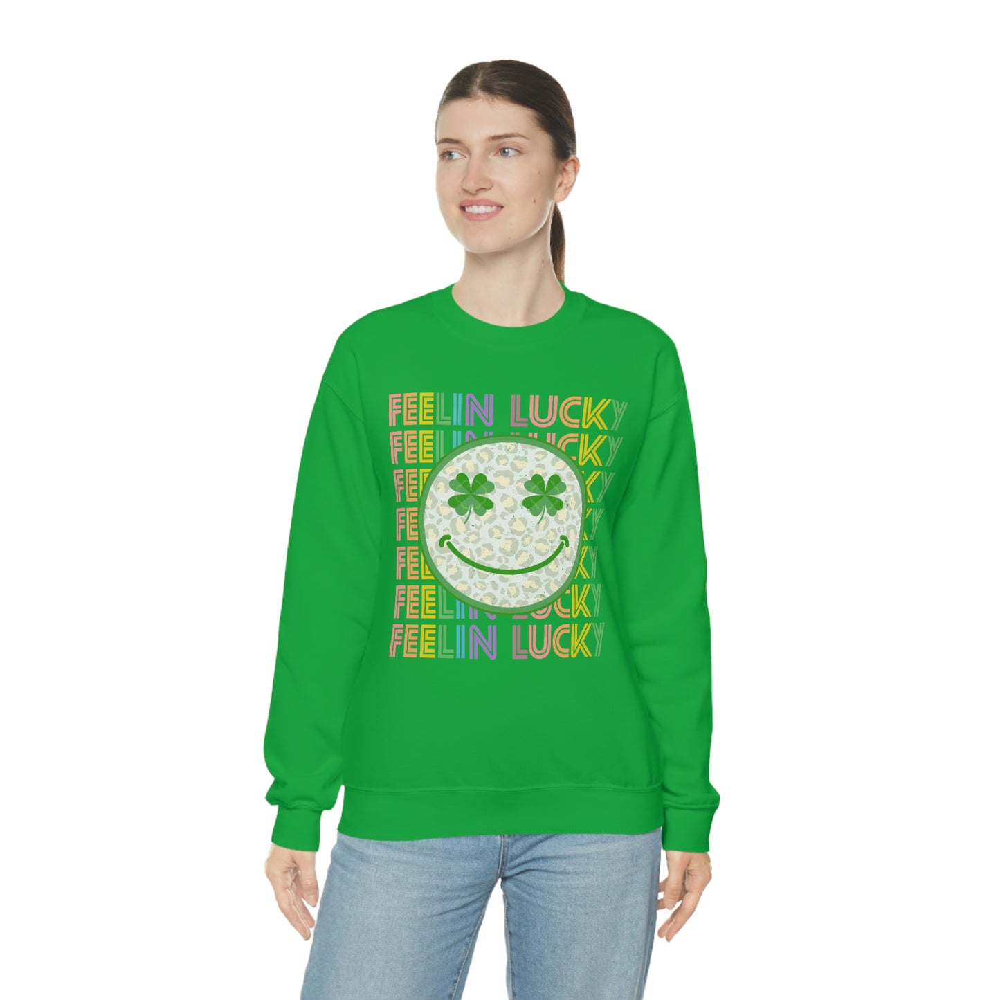 St. Patrick's Day "Feelin Lucky Smiley Face" Unisex Heavy Blend Crewneck Sweatshirt