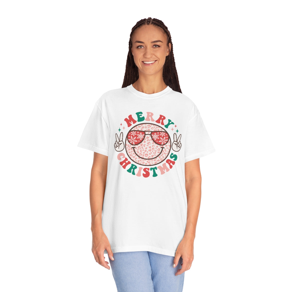 Merry Christmas Smiley Face Peace Sign Multi-Color Unisex Garment-Dyed Comfort Colors PREMIUM T-shirt