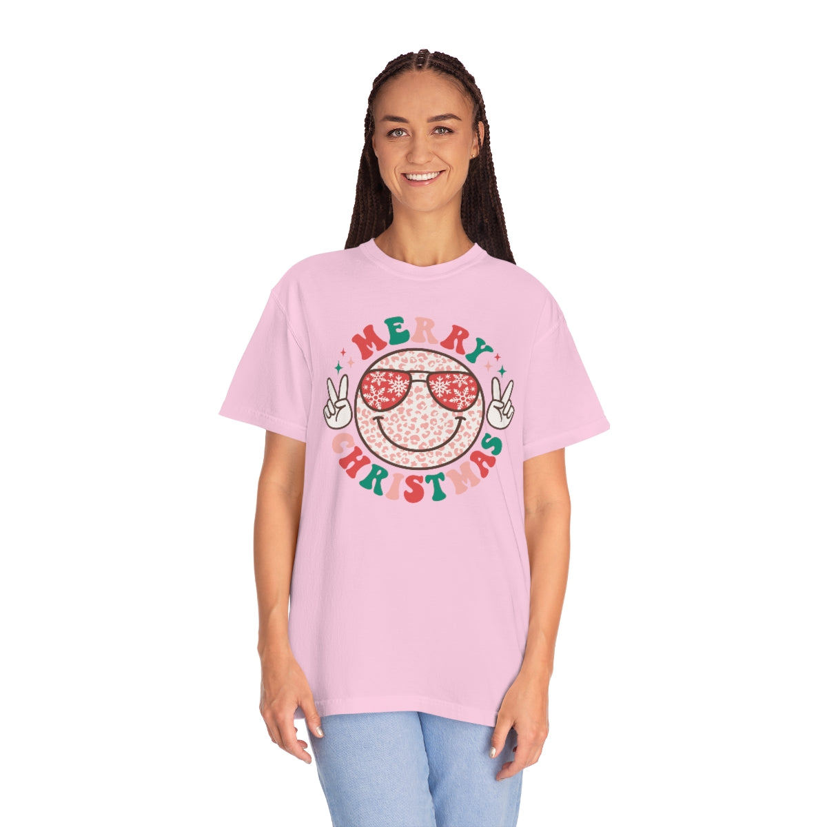 Merry Christmas Smiley Face Peace Sign Multi-Color Unisex Garment-Dyed Comfort Colors PREMIUM T-shirt