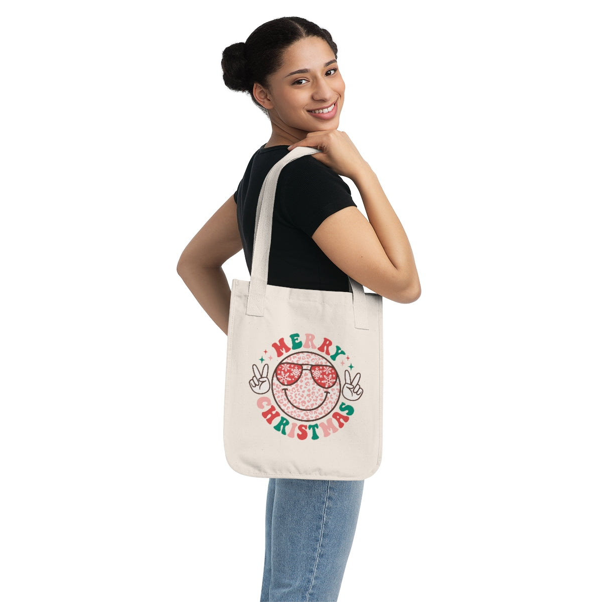 Merry Christmas Smiley Face Peach Sign Canvas Tote Bag