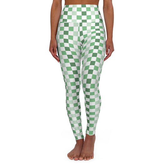 Green and White Checkered Pattern High Waisted Yoga Leggings