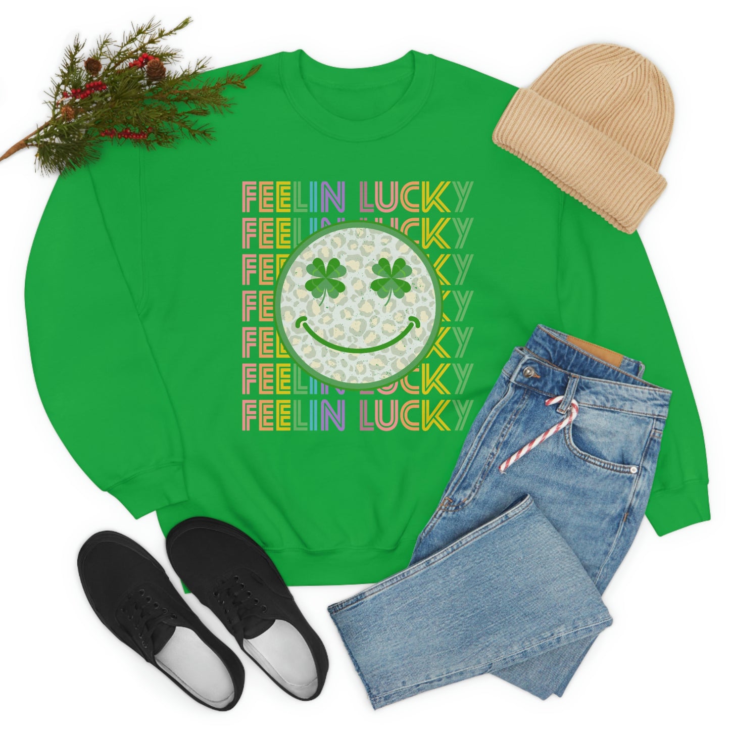 St. Patrick's Day "Feelin Lucky Smiley Face" Unisex Heavy Blend Crewneck Sweatshirt