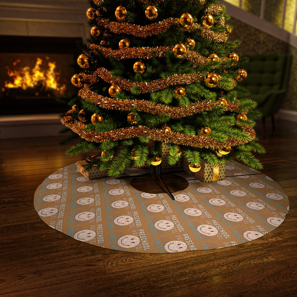 "Preschool Rustic Orange Smiley Face" Light Brown Round Tree Skirt