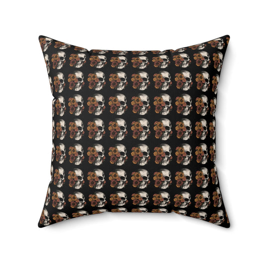 Black Boho Floral Skeleton Pattern Fall Halloween Spun Polyester Square Pillow