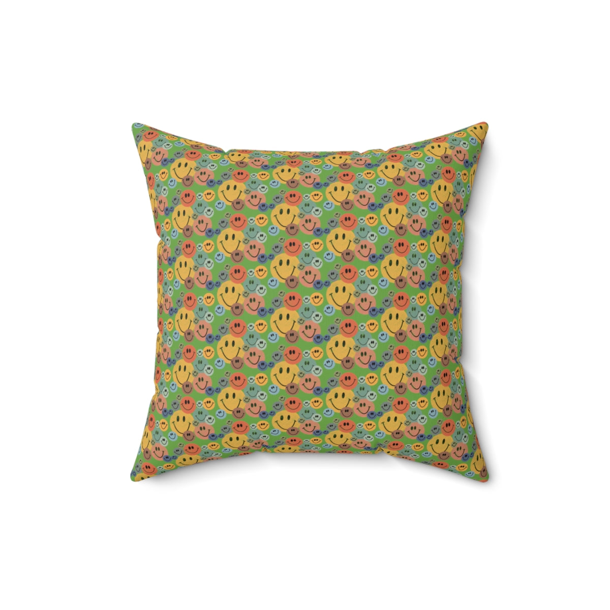 Green Boho Retro Rustic Colored Smiley Face Pattern Spun Polyester Square Pillow