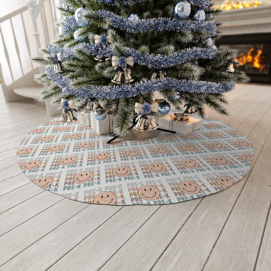 "Pre-K Rustic Orange Smiley Face" White Round Tree Skirt