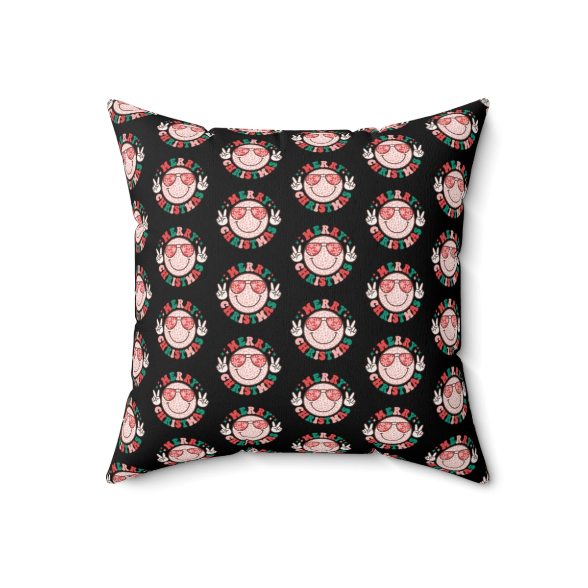 Retro "Merry Christmas" Smiley Face Emoji with Peace Sign Pattern Fall Halloween Spun Polyester Square Pillow