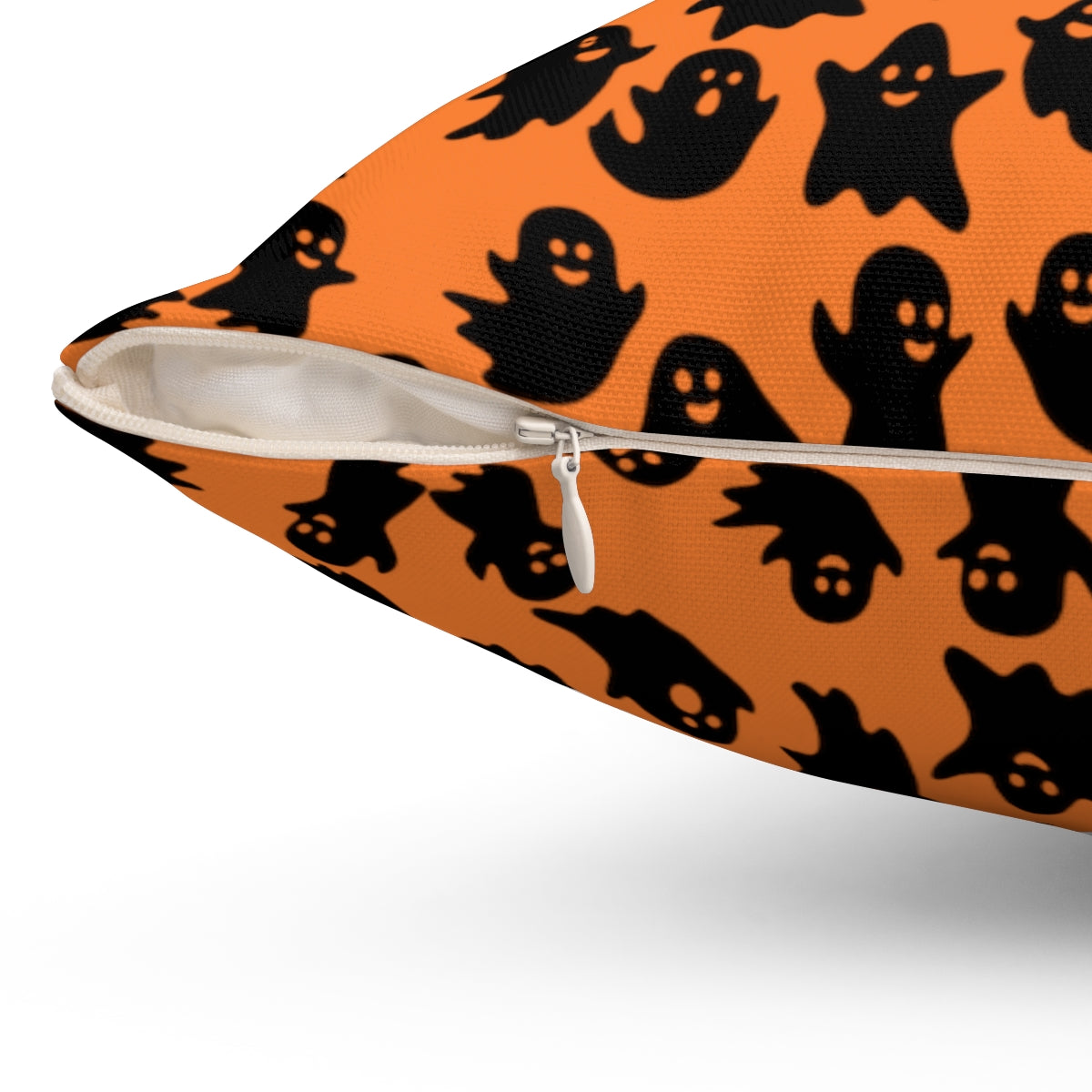 Orange Ghost Pattern Fall Halloween Spun Polyester Square Pillow