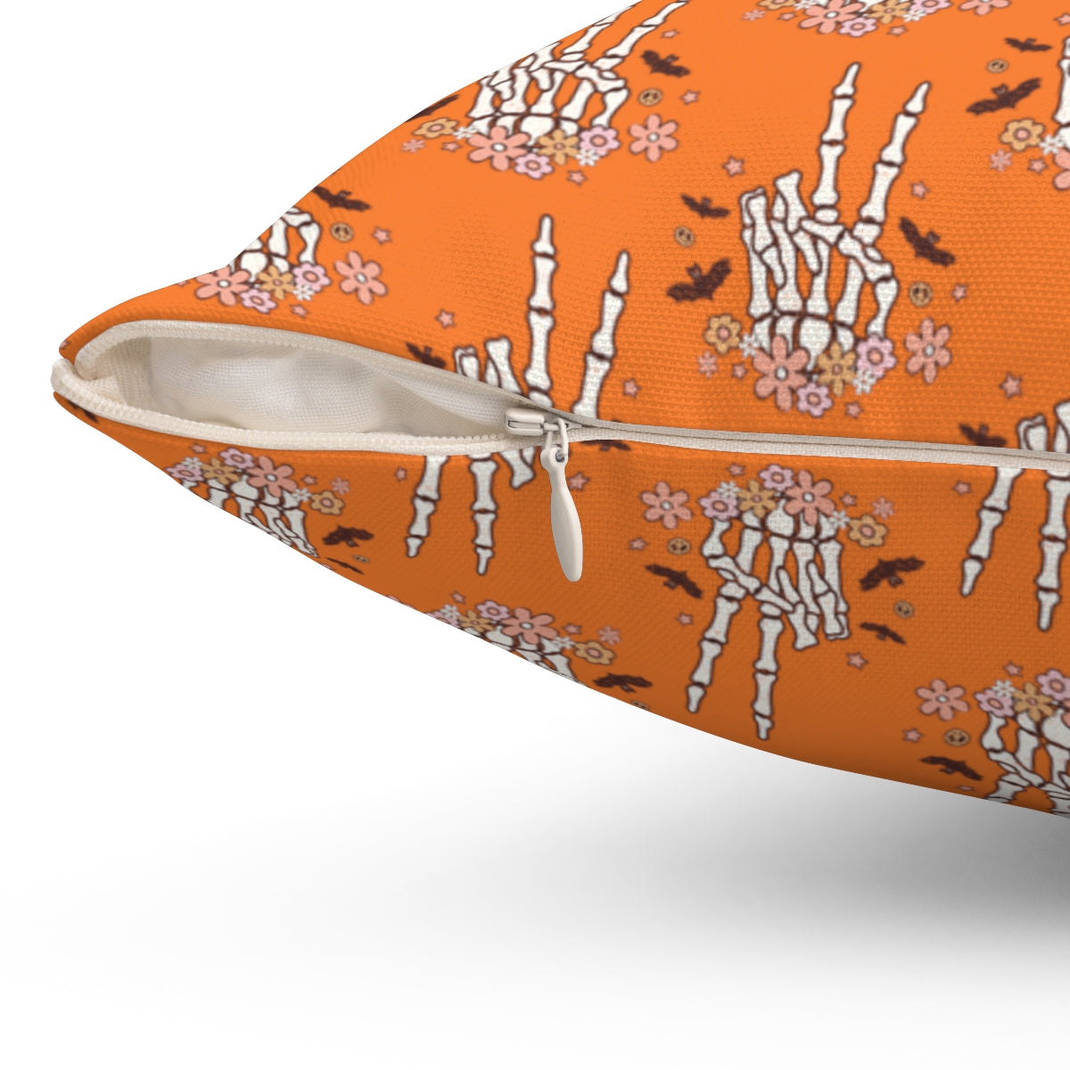 Orange Boho Skeleton Hand Peace Sign Pattern Fall Halloween Spun Polyester Square Pillow