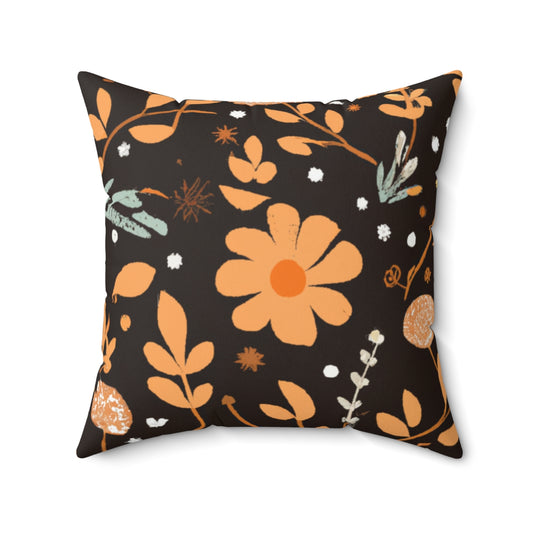 Boho Orange Flowers Spun Polyester Square Pillow