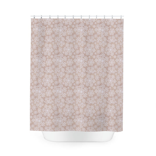 Khaki and White Snowflake Pattern Polyester Shower Curtain