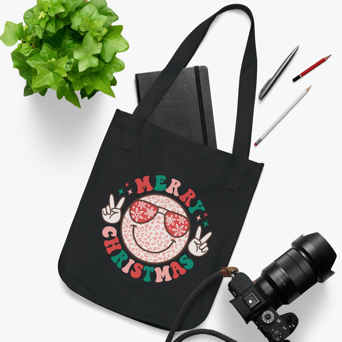 Merry Christmas Smiley Face Peach Sign Canvas Tote Bag