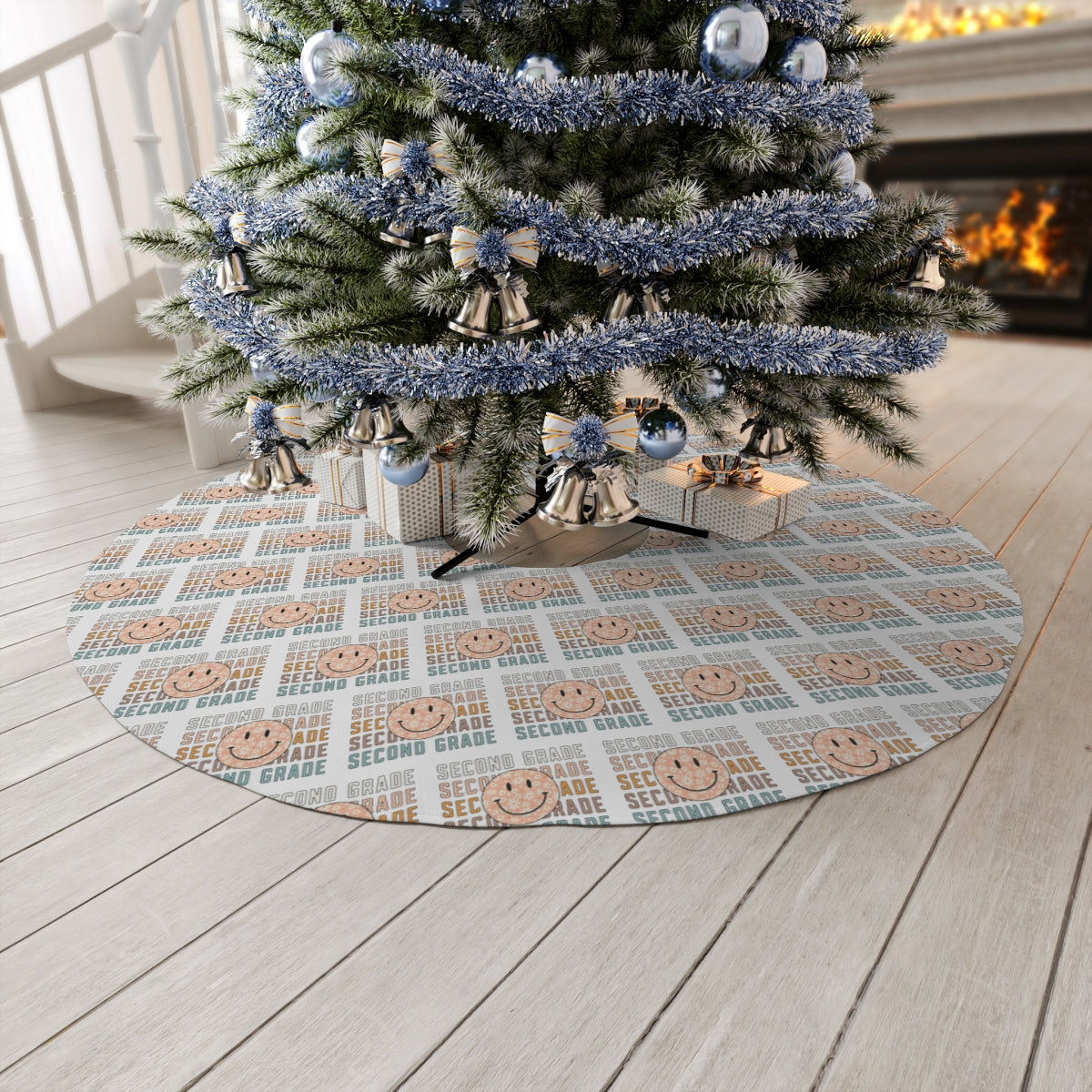 "Second Grade Rustic Orange Smiley Face" White Round Tree Skirt