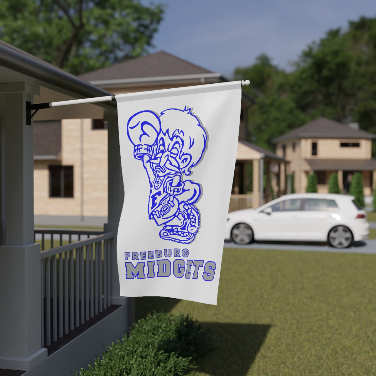 White with Blue and Gray Print Freeburg Midget House Banner