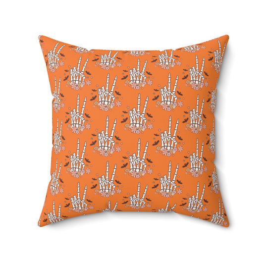 Orange Boho Skeleton Hand Peace Sign Pattern Fall Halloween Spun Polyester Square Pillow