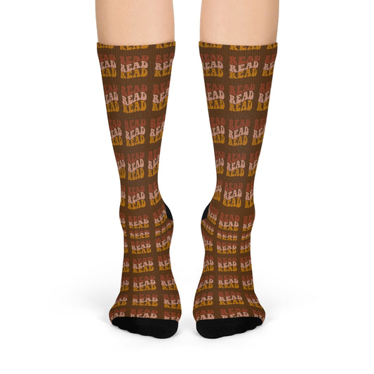 Light Brown "Read Read Read" Pattern Crew Socks