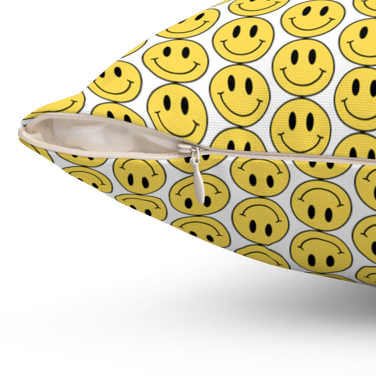 Yellow and White Smiley Face Pattern Spun Polyester Square Pillow