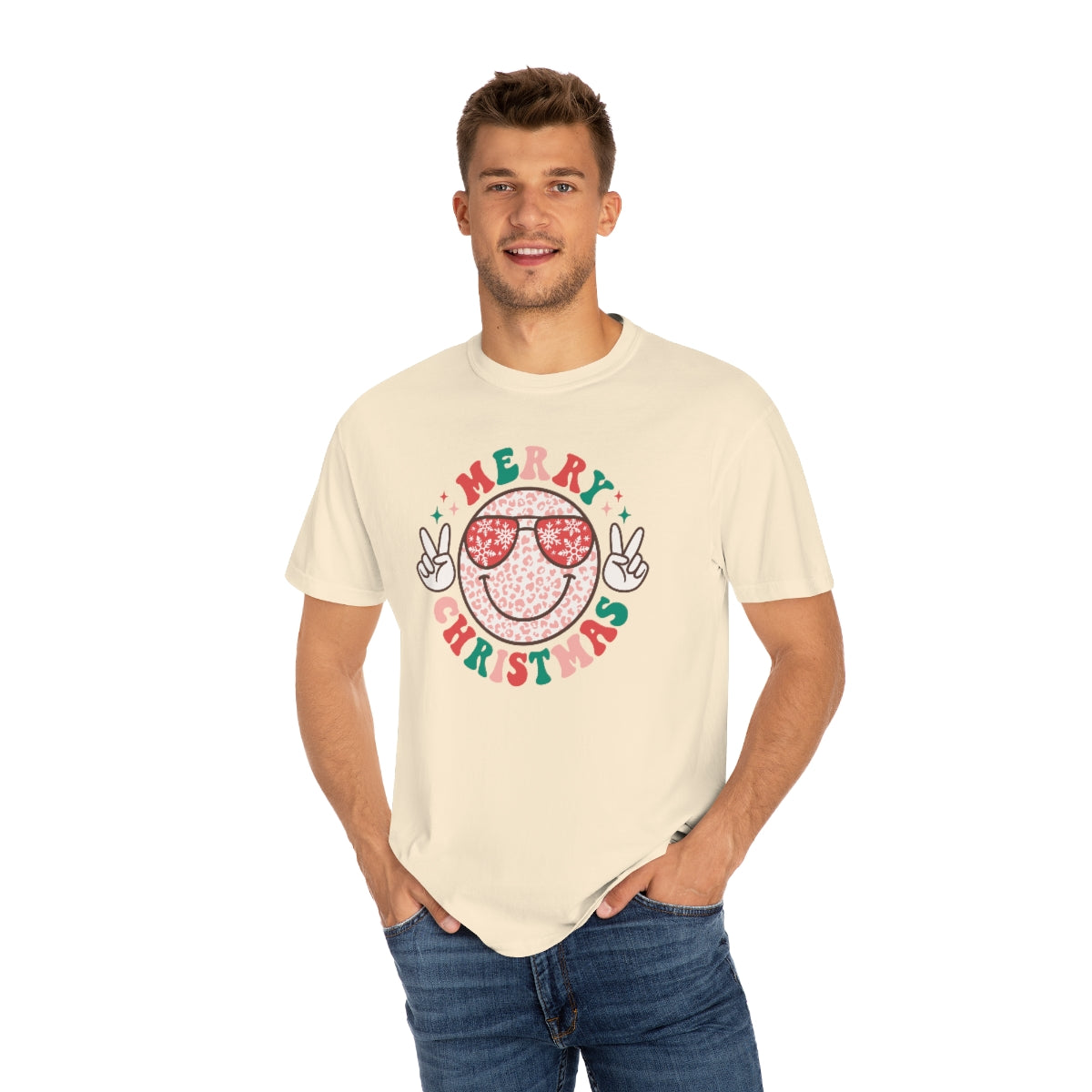 Merry Christmas Smiley Face Peace Sign Multi-Color Unisex Garment-Dyed Comfort Colors PREMIUM T-shirt