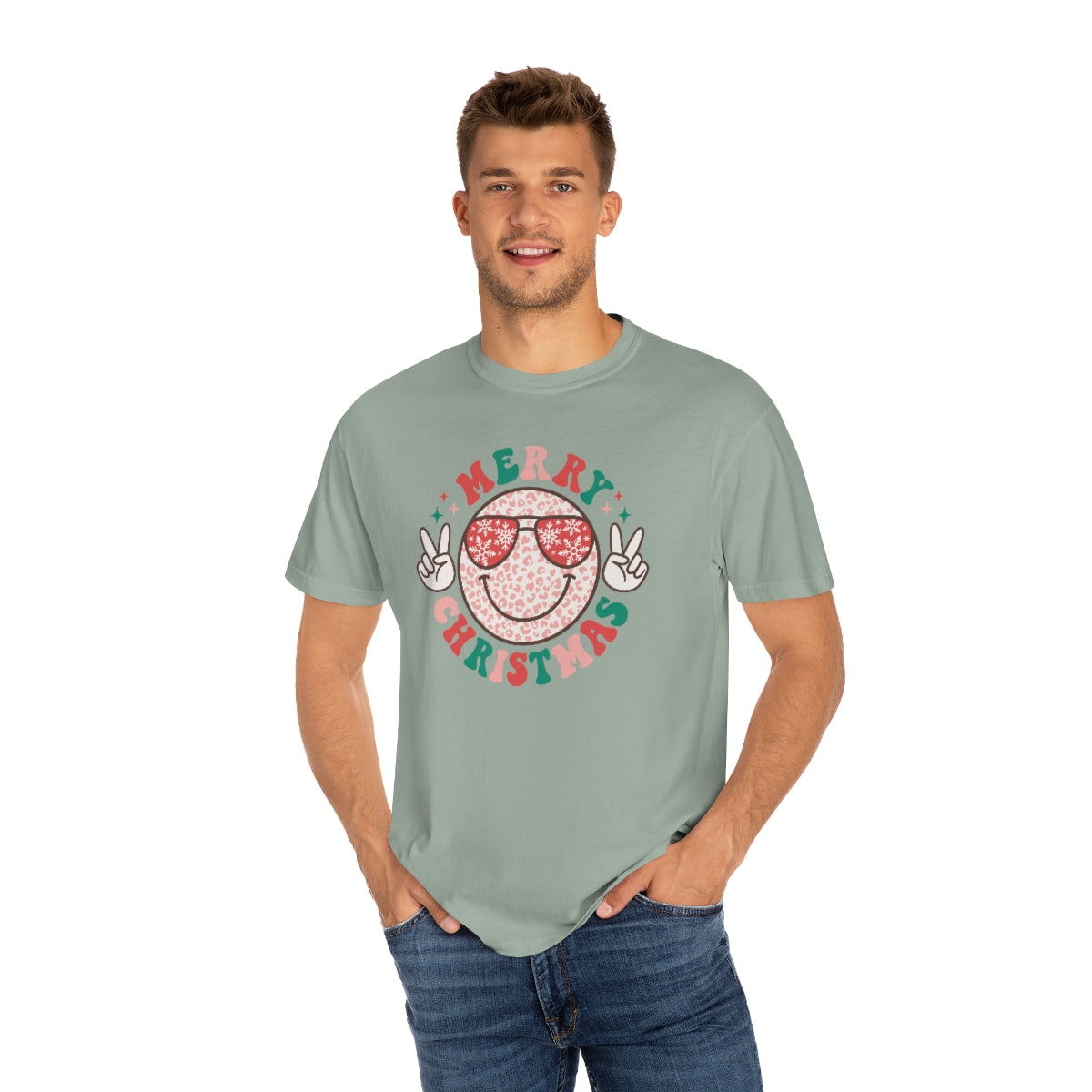 Merry Christmas Smiley Face Peace Sign Multi-Color Unisex Garment-Dyed Comfort Colors PREMIUM T-shirt