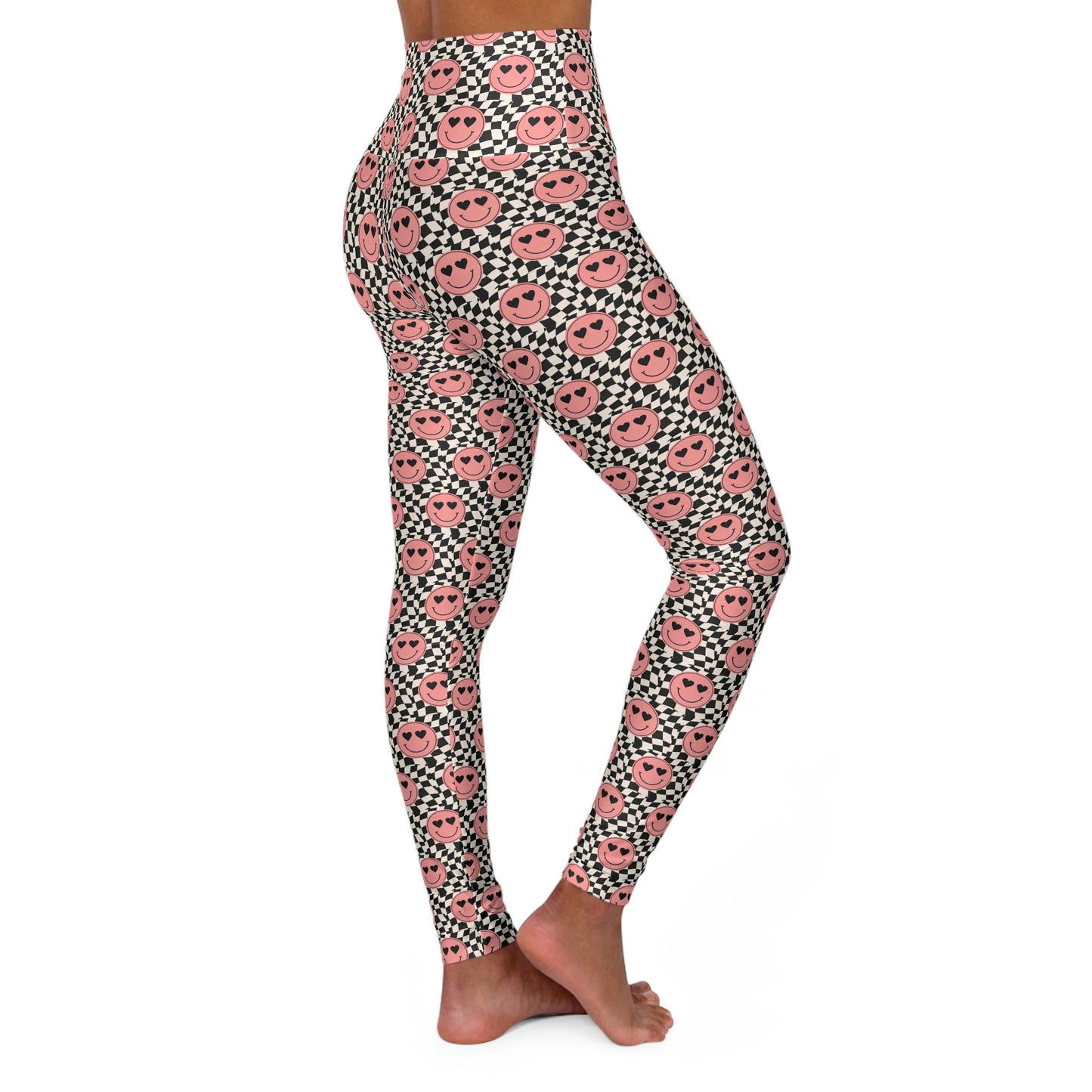 Heart Eyes Smiley Face with Checkered Background High Waisted Yoga Leggings