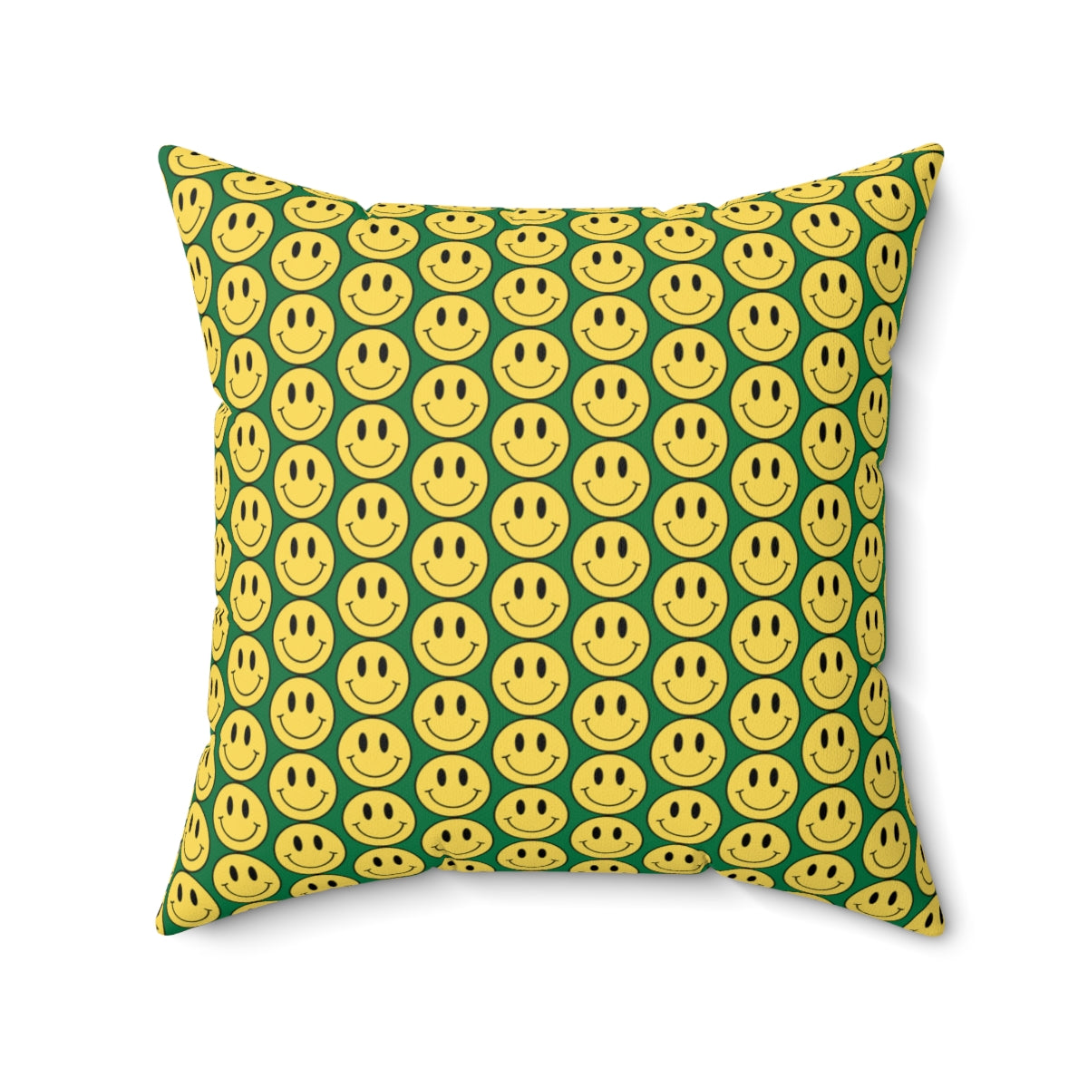 Yellow and Dark Green Smiley Face Pattern Spun Polyester Square Pillow