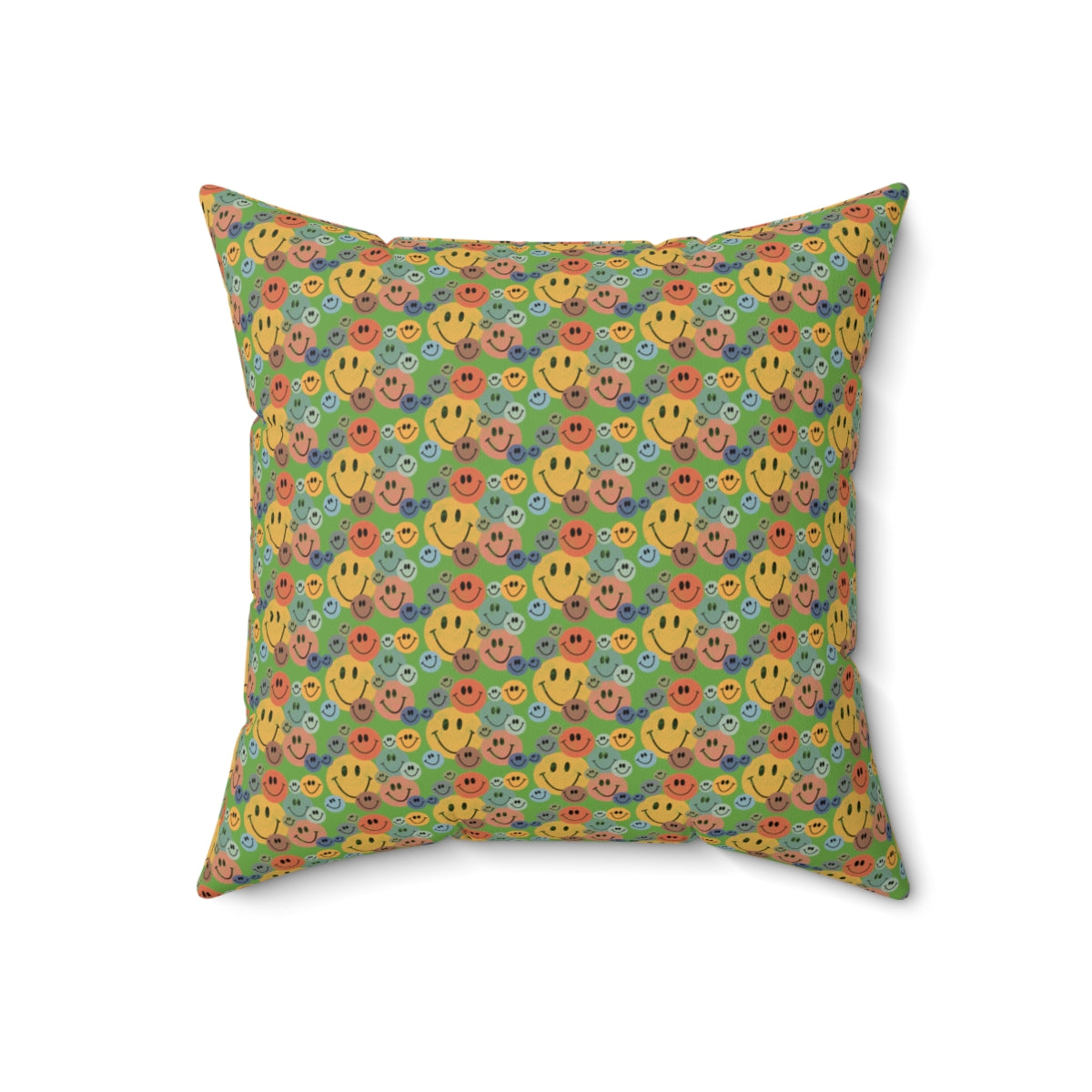 Green Boho Retro Rustic Colored Smiley Face Pattern Spun Polyester Square Pillow