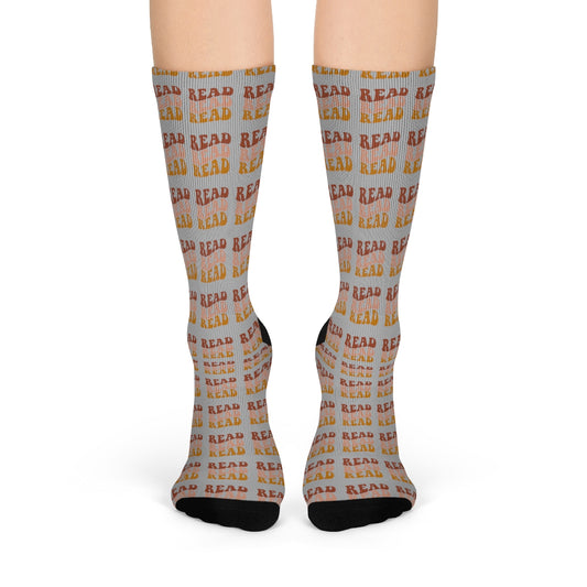 Light Gray "Read Read Read" Pattern Crew Socks