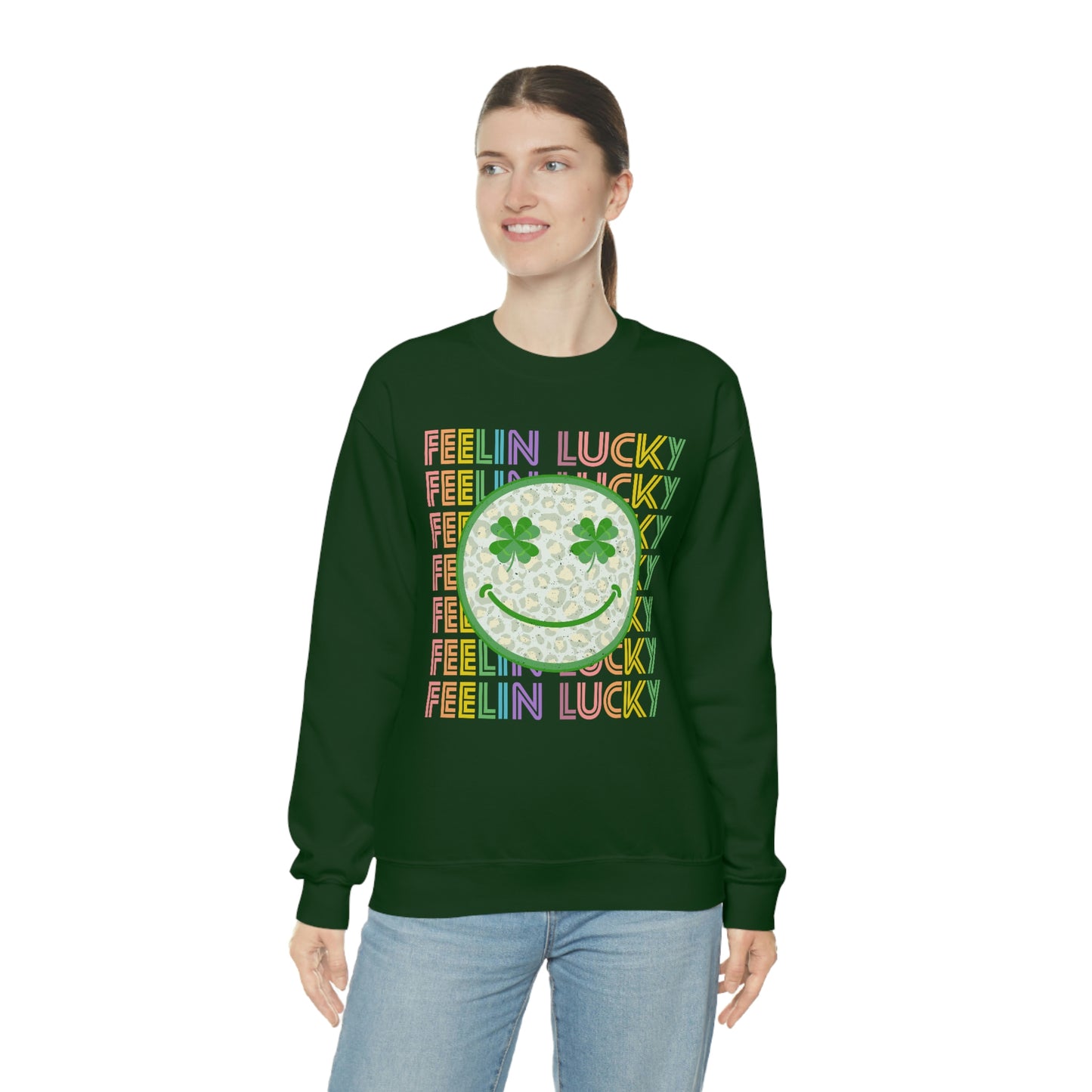 St. Patrick's Day "Feelin Lucky Smiley Face" Unisex Heavy Blend Crewneck Sweatshirt