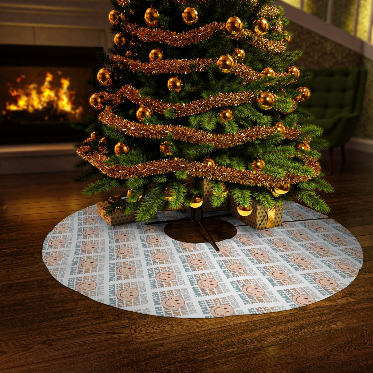 "Second Grade Rustic Orange Smiley Face" White Round Tree Skirt