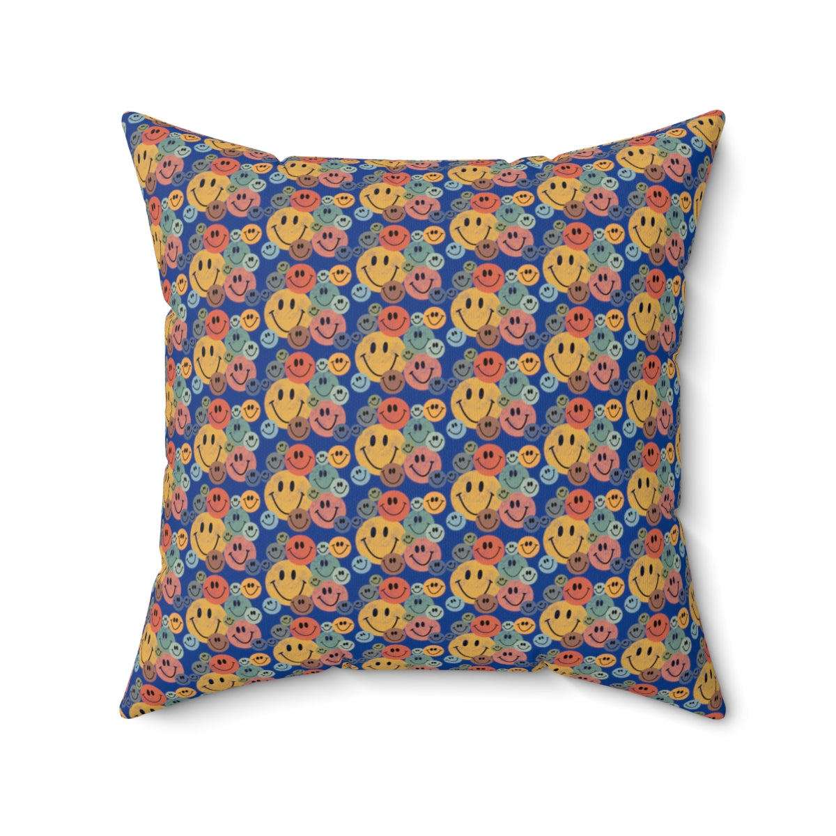 Blue Boho Retro Rustic Colored Smiley Face Pattern Spun Polyester Square Pillow