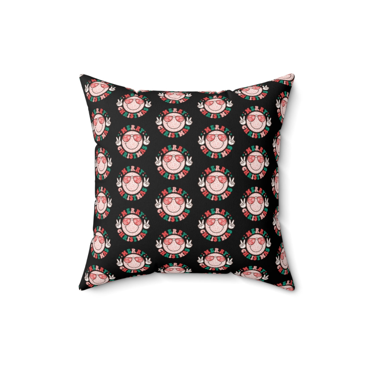 Retro "Merry Christmas" Smiley Face Emoji with Peace Sign Pattern Fall Halloween Spun Polyester Square Pillow